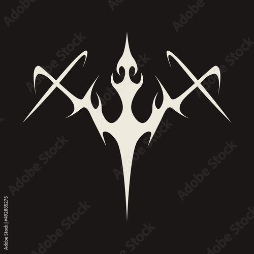 Abstract tattoo sword sketch. Artistic death metal logo design. Black illustration in Metalcore style on a black background.