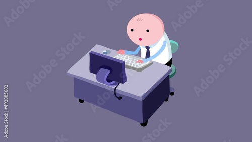 Cartoon single office employee in front of the computer screen – explainer style color. One worker. He is working all day with no break. Seamles loop. Alpha channel. photo