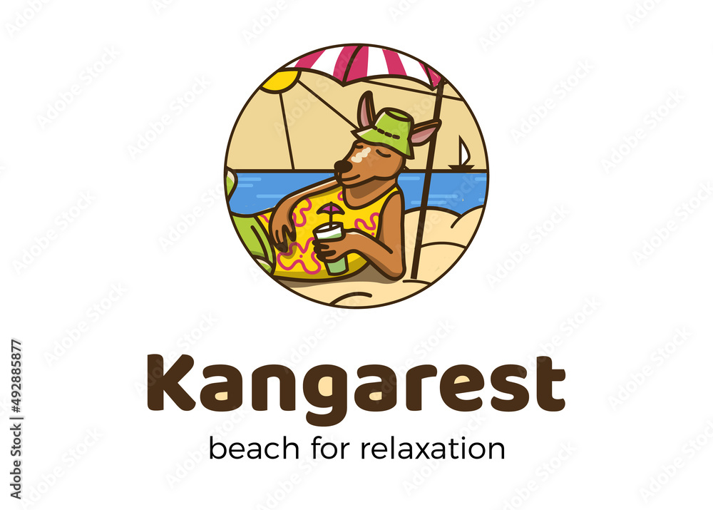 A kangaroo lies on the beach. A sunny summer day. Vector logo