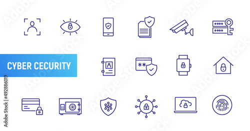 Cyber security line icon camera safety digital access data document lock cloud password connect fingerprint secure line icon
