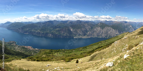 Panoramic aerial view of Lake Garda from the top of Mount Baldo above Malcesine on Lake Garda. No people.