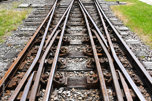 Rails converging at a set of points on a railway track. No people.