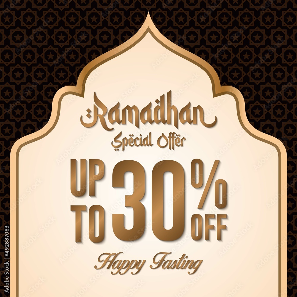 Obraz premium Ramadan sale poster promotion, Special offer up to 30% off with gold color, and landscape mosque. Islamic Background. Vector Illustration.