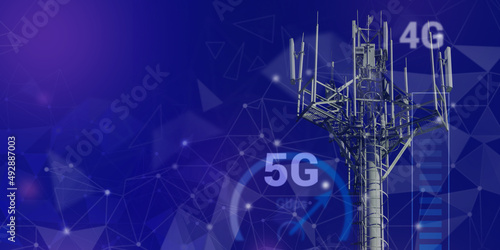 Bild auf Leinwand Telecommunications tower with 4G, 5G transmitters, cellular base station with transmitter antennas on abstract cyberspace triangulated background with icons