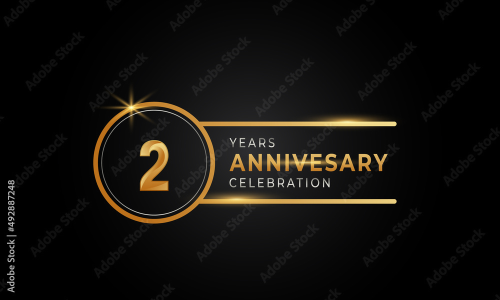 2 Year Anniversary Celebration Golden and Silver Color with Circle Ring for Celebration Event, Wedding, Greeting card, and Invitation Isolated on Black Background