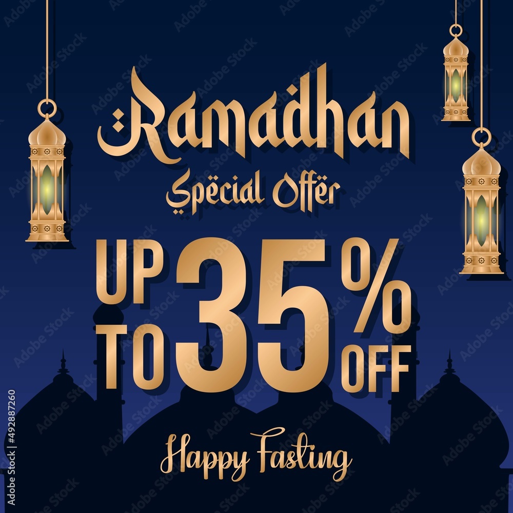 Ramadan sale poster promotion, Special offer up to 35% off with lantern, and landscape mosque. Islamic Background. Vector Illustration.