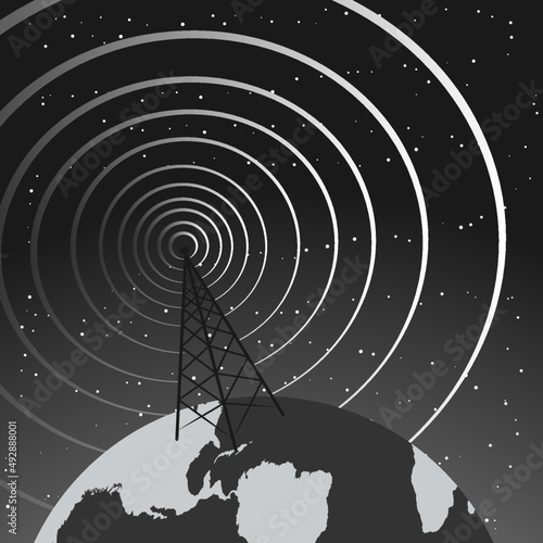 Retro radio tower sending signals from atop of the globe
