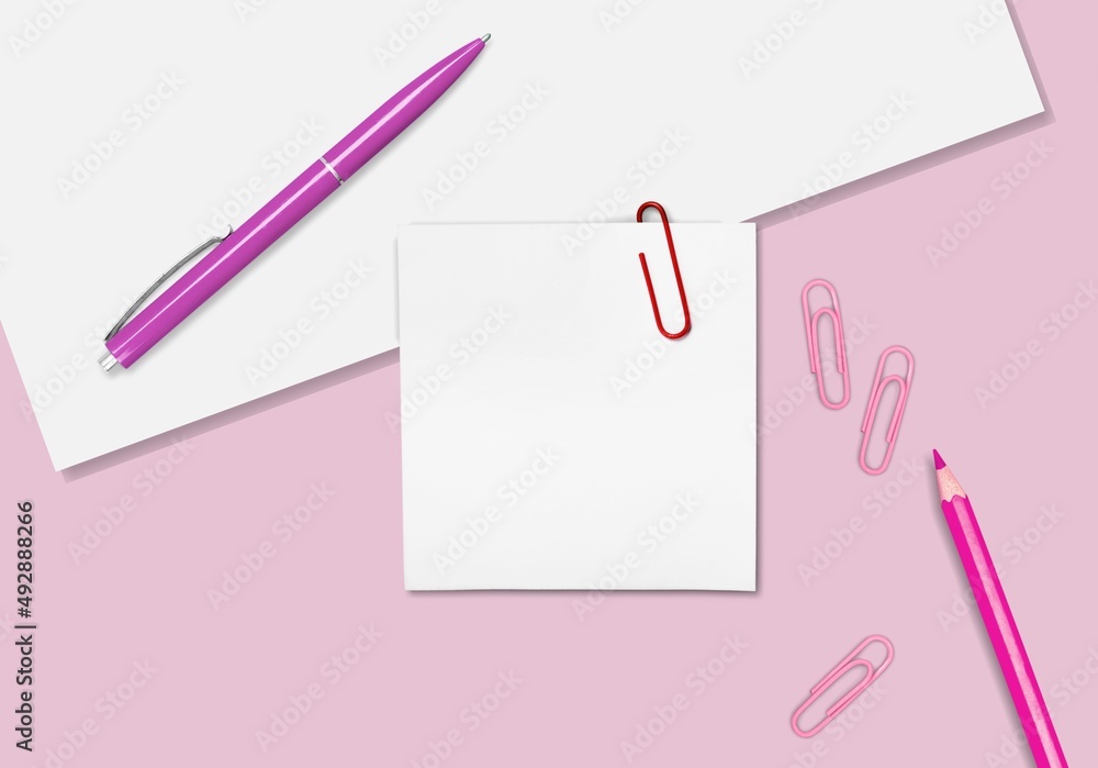 Blank notepad, sticky notes mock up, pink background office desk Blank notepad, sticky notes mock up, pink background office desk