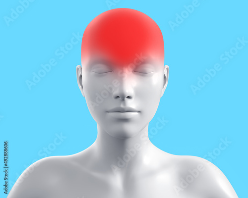 3d render artwork illustration of female gray colored figure with head pain on blue background.