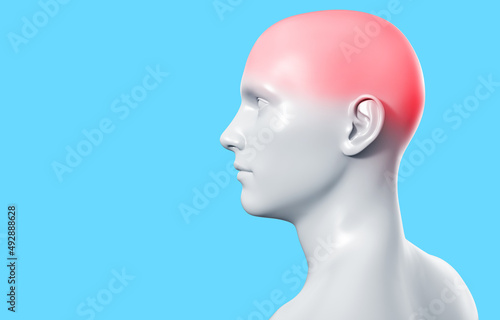 3d render artwork illustration of male gray colored figure with head pain on blue background.
