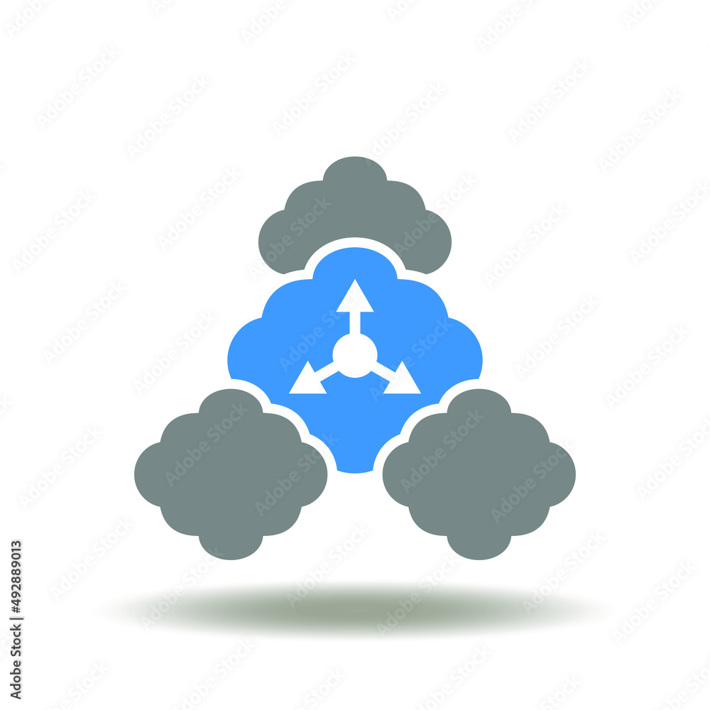 Vector illustration of clouds computing networking with arrows. Icon of hybrid cloud. Symbol of internet database, web server network. Vector illustration of clouds computing networking with arrows. Icon of hybrid cloud. Symbol of internet database, web server network.