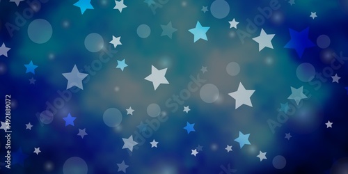Dark BLUE vector pattern with circles, stars.