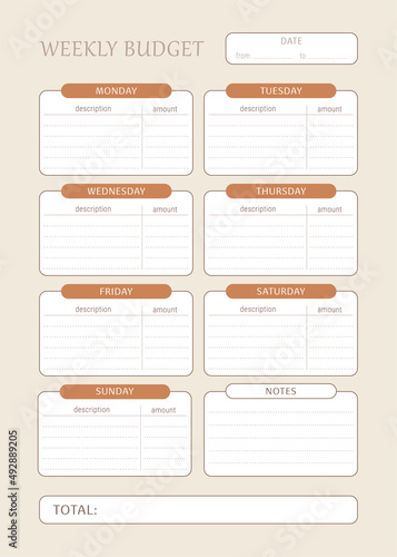 Vector orange brown pastel printable weekly budget planner, CMYK