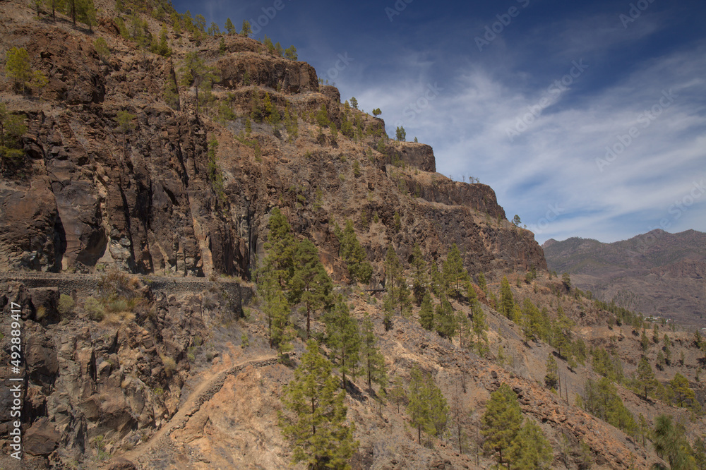 Gran Canaria, landscape of the southern part of the island along Barranco de Arguineguín steep and deep ravine
with vertical rock walls, circular hiking route starting at a hamlet Barranquillo Andres
Gran Canaria, landscape of the southern part of the island along Barranco de Arguineguín steep and deep ravine
with vertical rock walls, circular hiking route starting at a hamlet Barranquillo Andres