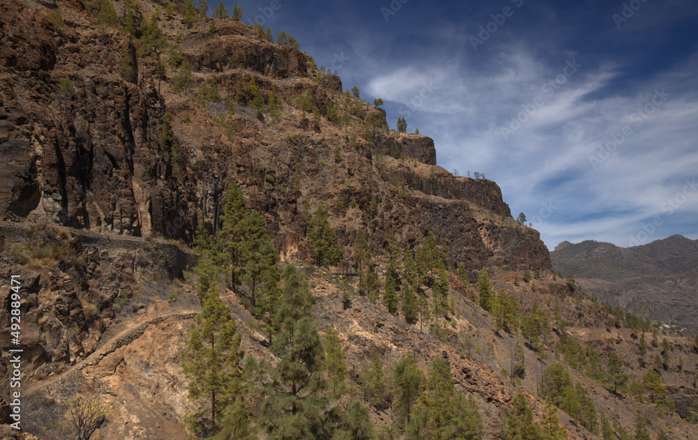 Gran Canaria, landscape of the southern part of the island along Barranco de Arguineguín steep and deep ravine
with vertical rock walls, circular hiking route starting at a hamlet Barranquillo Andres
Gran Canaria, landscape of the southern part of the island along Barranco de Arguineguín steep and deep ravine
with vertical rock walls, circular hiking route starting at a hamlet Barranquillo Andres