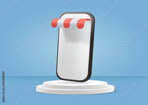 Colour 3d realistic store in your phone with stairs isolated on background. Vector illustration. Sale banner or Promotion on blue background. Online shopping store with mobile. Shopping Online Mobile