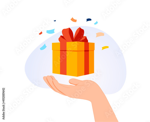 Gift box icon. Cartoon vector render object. Surprise red gift box, birthday celebration, special give away package.