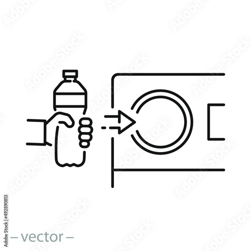 deposit bottle recycling icon, refund and reward machine, reuse plastic, thin line symbol on white background - editable stroke vector illustration