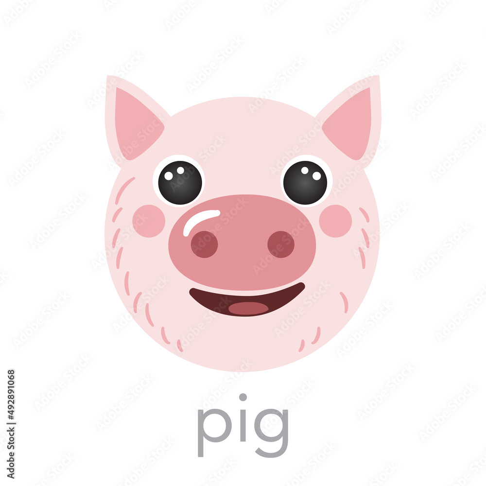 Pig Cute portrait with name text smile head cartoon round shape avatar pink animal face, isolated vector icon illustrations on white background. Flat simple hand drawn for kids poster, cards, t-shirt Pig Cute portrait with name text smile head cartoon round shape avatar pink animal face, isolated vector icon illustrations on white background. Flat simple hand drawn for kids poster, cards, t-shirt