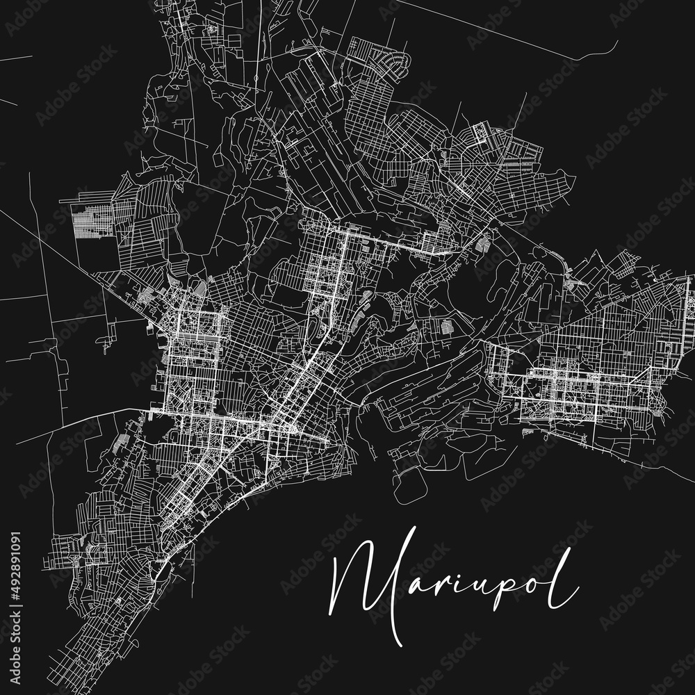 Mariupol Ukraine black white vector map. Detailed vector map of Mariupol city administrative area. Cityscape poster. Stock vector illustration isolated on black background.