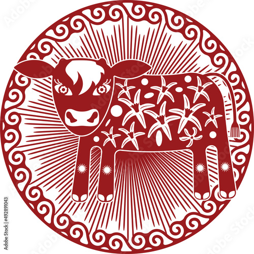 Young calf depicted in Chinese red paper cut style