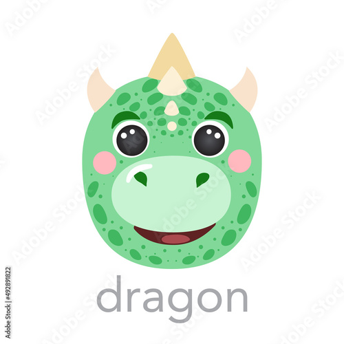 Dragon Cute portrait with name text smile head cartoon Dinosaur round shape animal face, isolated vector icon illustrations on white background. Flat simple avatar for kids poster UI , t-shirts, baby
