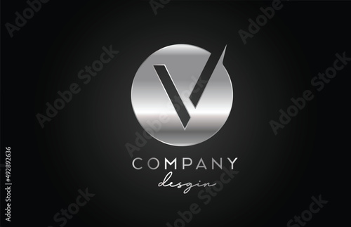 V silver grey alphabet letter logo icon with circle design. Metal creative template for company and business