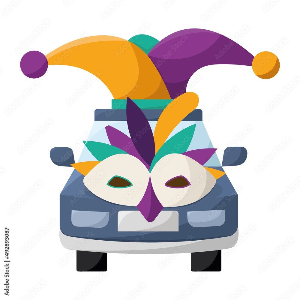 Isolated car with jester hat and venetian mask Vector - obrazy, fototapety, plakaty 