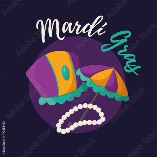 Isolated umbrella and carnival hat Colored mardi gras invitational poster Vector