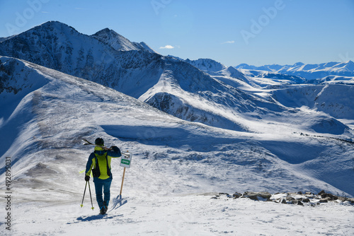 Skier standing on the top of Peak 8 at the Breckenridge Ski Resort in Colorado. Active lifestyle, extreme winter sports.