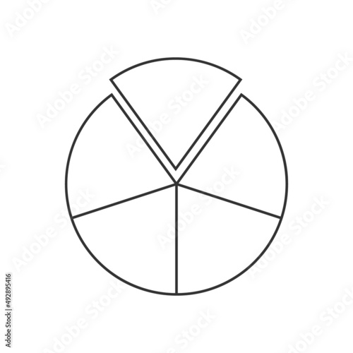 Circle segmented into 5 sectors. Pie or pizza shape cut in five equal slices. Outline round statistics chart example isolated on white background. Vector linear illustration