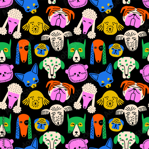Funny dog animal face icon cartoon seamless pattern in colorful flat illustration style. Cute puppy pet head background, diverse domestic dogs breed wallpaper.