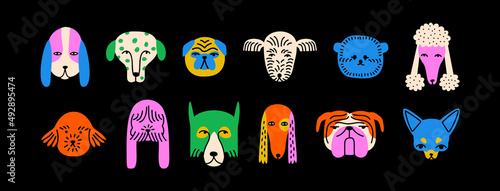 Funny dog animal head icon cartoon set in quirky colorful flat illustration style. Cute doggy pet face collection, diverse domestic dogs.
