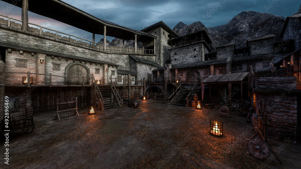 3D rendering of a wet muddy courtyard in an old medieval fantasy castle.