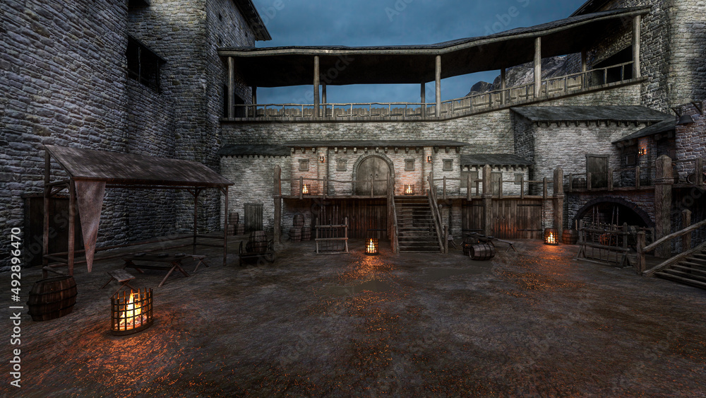 Medieval castle courtyard with wet muddy ground and grey clouds in the sky. 3D illustration.