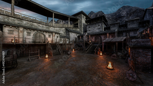 3D rendering of a wet muddy courtyard in an old medieval fantasy castle. © IG Digital Arts