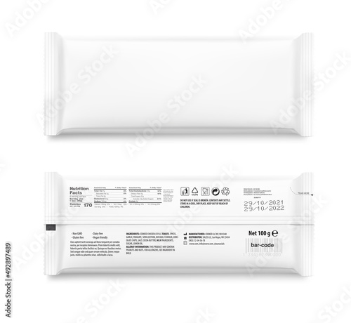 Hight realistic flow packaging mockup. Front and back side. Vector illustration isolated on white background. Perfect to create your final pack shot. EPS10.	