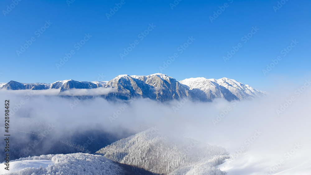 snow covered mountains, Bucegi Mountains, viewpoint from Baiului Mountains, Romania 
