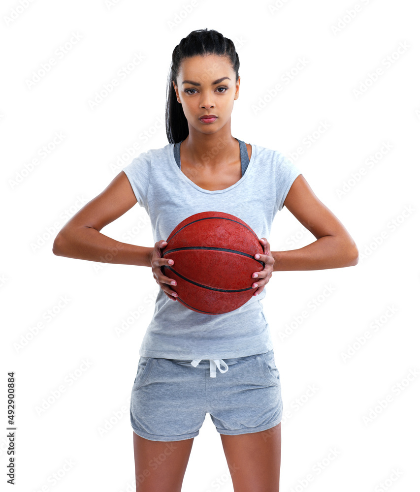 Wanna ball. Cropped portrait of a female basketball player isolated on white. Wanna ball. Cropped portrait of a female basketball player isolated on white.