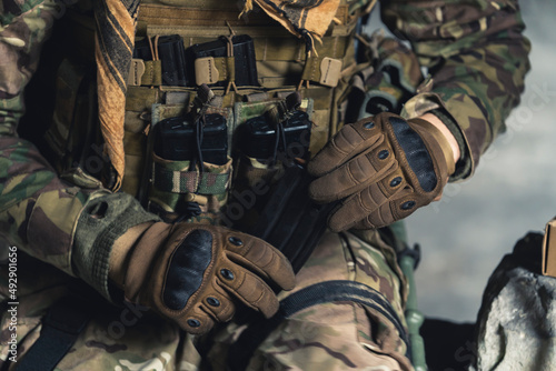 Batlle ready armed vest of a field soldier . High quality photo photo