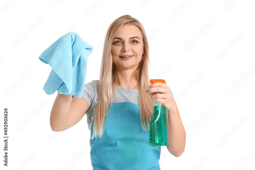 Woman with cleaning supplies isolated on white Woman with cleaning supplies isolated on white