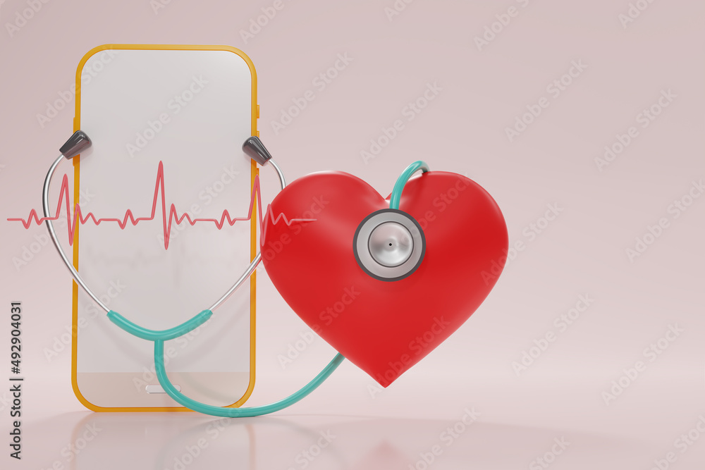 3D render Smart phone and red heart with a medical stethoscope on pink background. Blood pressure control. Heart and heartbeat. Copy space. Health care technology concept. 3D rendering illustration. 3D render Smart phone and red heart with a medical stethoscope on pink background. Blood pressure control. Heart and heartbeat. Copy space. Health care technology concept. 3D rendering illustration.