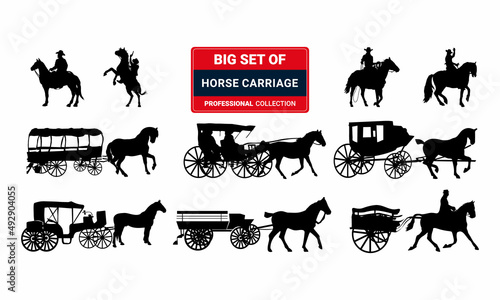 Leinwand Poster Set of horse carriage silhouettes isolated on white background.