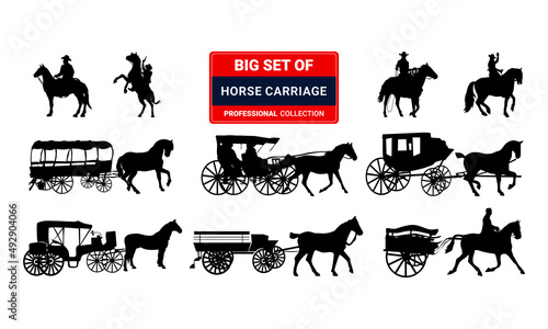 Photo Set of horse carriage silhouettes isolated on white background.