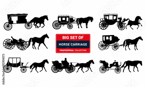Leinwand Poster Set of horse carriage silhouettes isolated on white background.