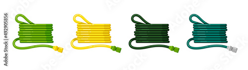 Garden watering hoses with connectors for pipes, faucets, rainwater tanks. Agricultural equipment. Set of vector colorful illustrations isolated on white background