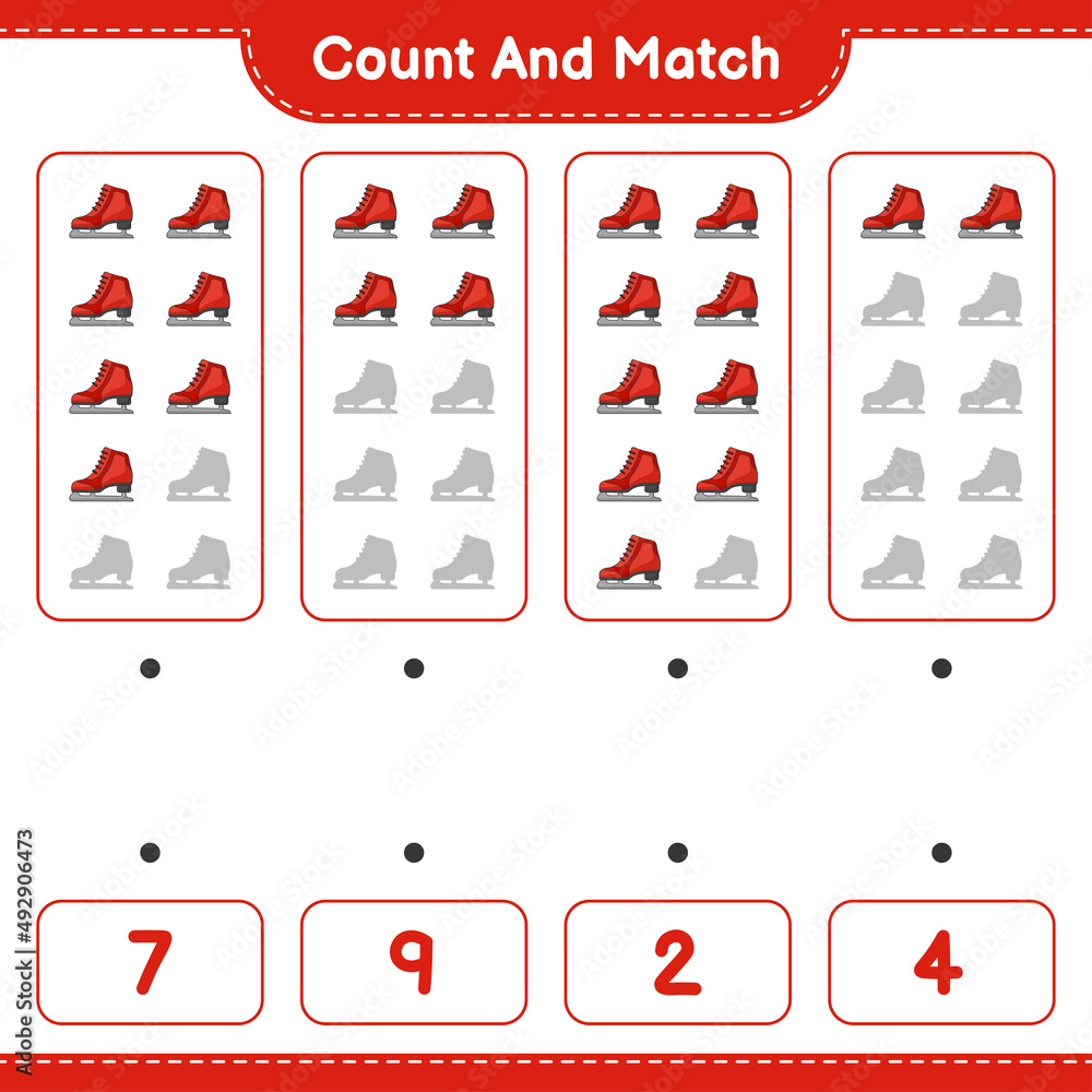 Count and match, count the number of Ice Skates and match with the right numbers. Educational children game, printable worksheet, vector illustration Count and match, count the number of Ice Skates and match with the right numbers. Educational children game, printable worksheet, vector illustration
