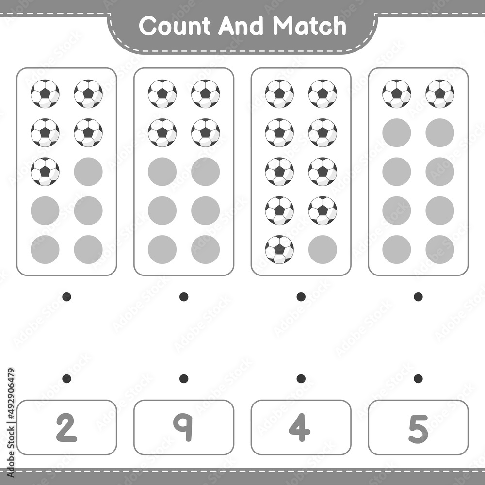 Count and match, count the number of Soccer Ball and match with the right numbers. Educational children game, printable worksheet, vector illustration Count and match, count the number of Soccer Ball and match with the right numbers. Educational children game, printable worksheet, vector illustration