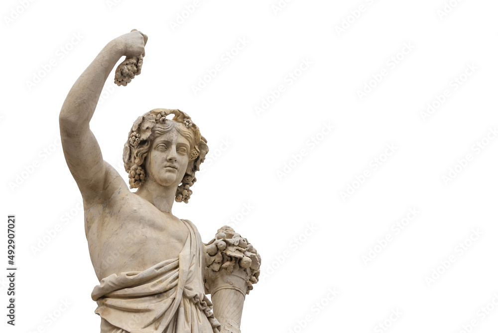 Paganism in Ancient Times. Roman or Greek god Bacchus holding grapes, a neoclassical marble statue, erected in the 19th century in Rome historic center (Isolated on white background with copy space)