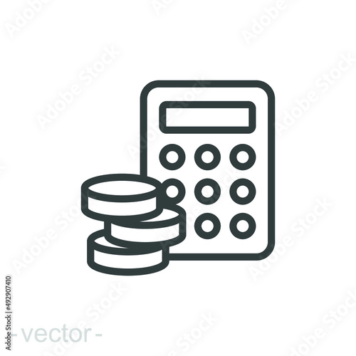 Budget icon. Simple outline style. Money flow account with calculator. Business concept. Vector design illustration isolated. Editable stroke EPS 10